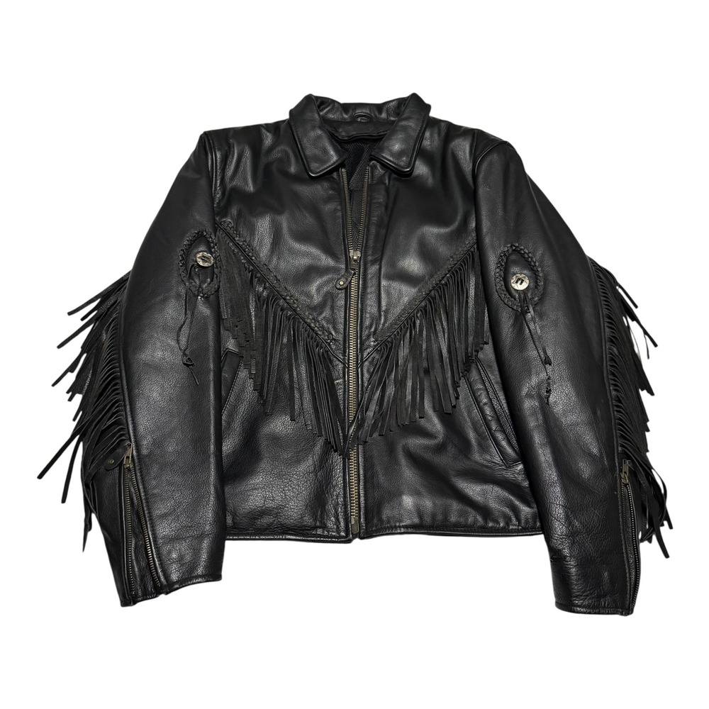 Motorcycle Biker Fringe Black Leather Full Zip Jacket Women's 2XL (Fits L/XL)
